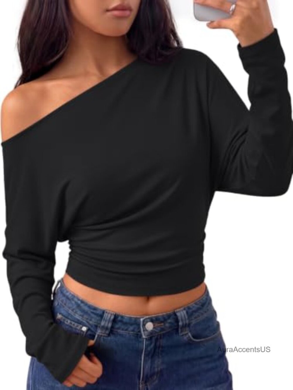 Women's Off Shoulder Cinched Waist Long Sleeve Top Rayon Spandex Stretchable